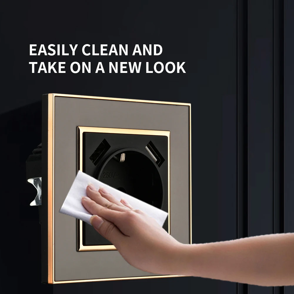 WESA Black Mirror Acrylic Power Socket With 2 USB EU Standard Electrical Outlet Standard Ground Plug Wall Socket Flame Retardant