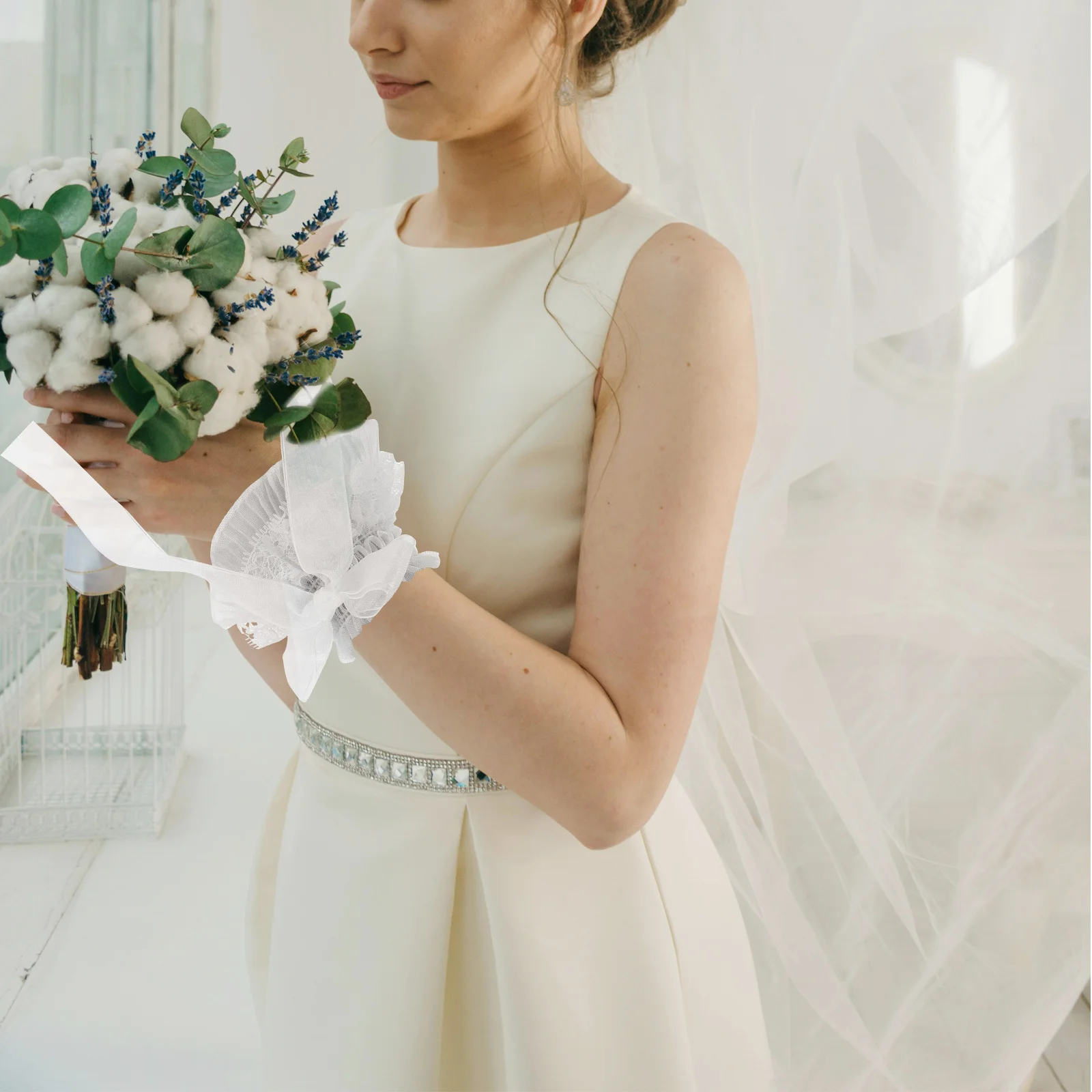 1 زوج الأبيض الشيفون تكدرت الدانتيل المعصم الأصفاد شير مطاطا أصابع قفازات للنساء حفل زفاف الشاي الحدث لوليتا