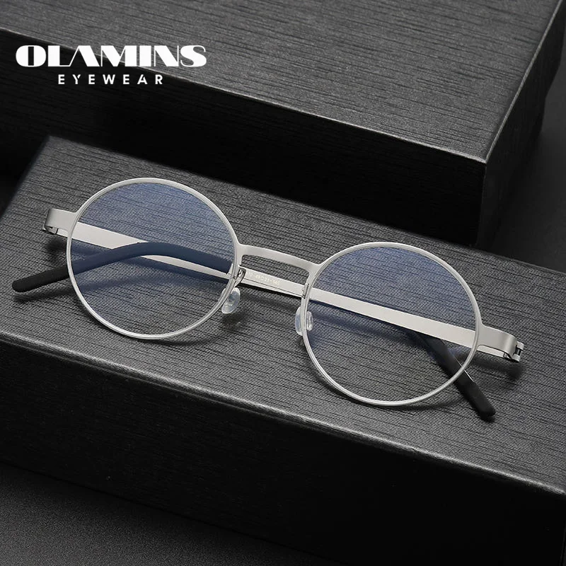 OLAMINS​ Pure Titanium Temple Optical Glasses Spectacle Frames Custom Round Men Eyeglasses Retro Trendy Eyewear 9610