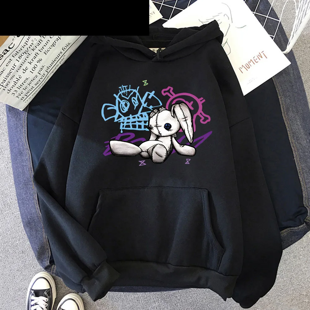 Men Hoodie Monkey Doll Rabbit Graffiti Grunge Style Kpop Clothes Black Anime Sweatshirt Streetwear Unisex Women Clothing