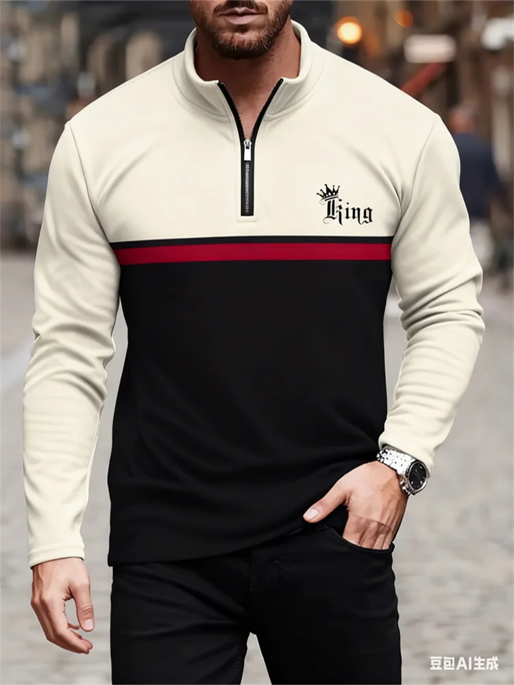 

3D Colour block Print Men's Half-zip Stand Collar Shirt Business Casual Long Sleeve Top Men Casual Oversized Fashion Sweatshirts