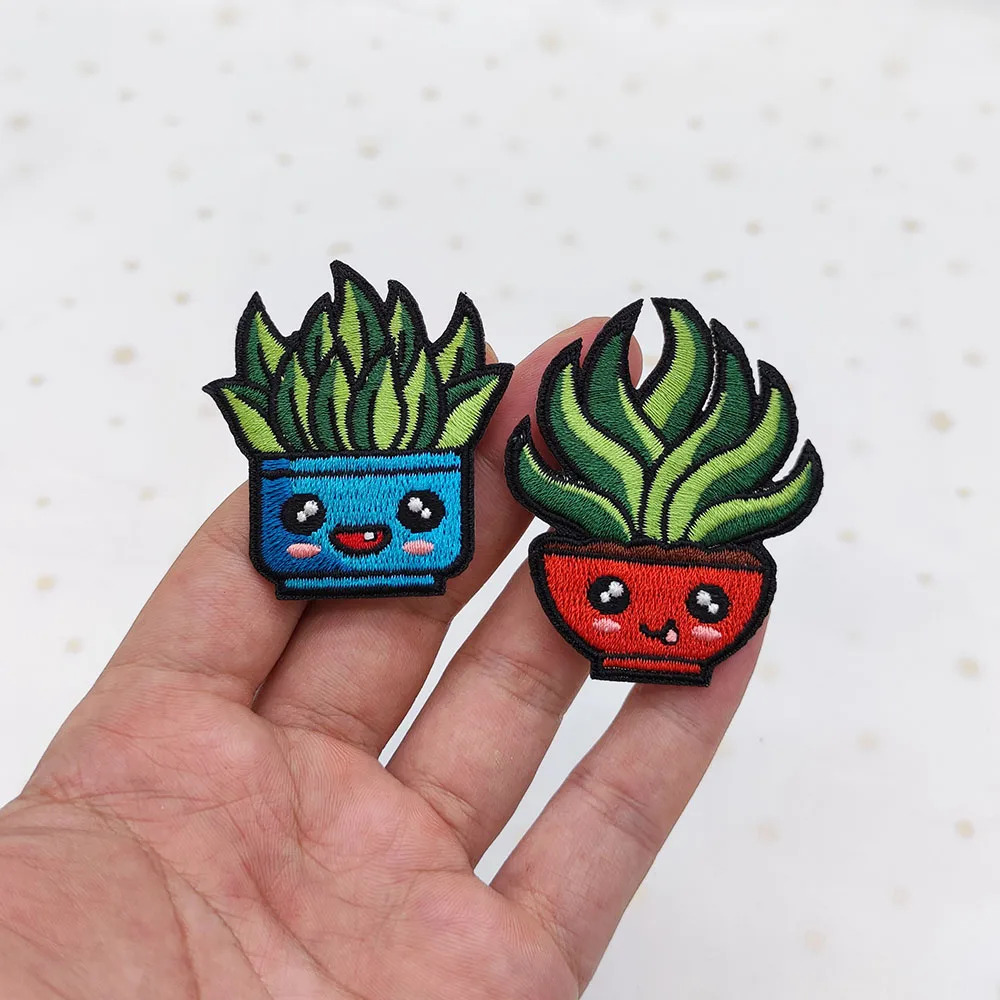 Potted Plant Patches For Clothing Kids Iron Embroidered Applique Scratch Patch DIY Parches Para Ropa Brooch Accessories