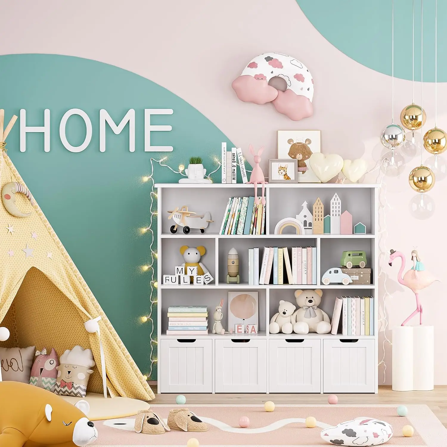 大きなおもちゃオーガナイザーと収納、4つの可動引き出しと7つの収納キュービー、隠しホイール付きおもちゃチェストシェルフオーガナイザー、子供用