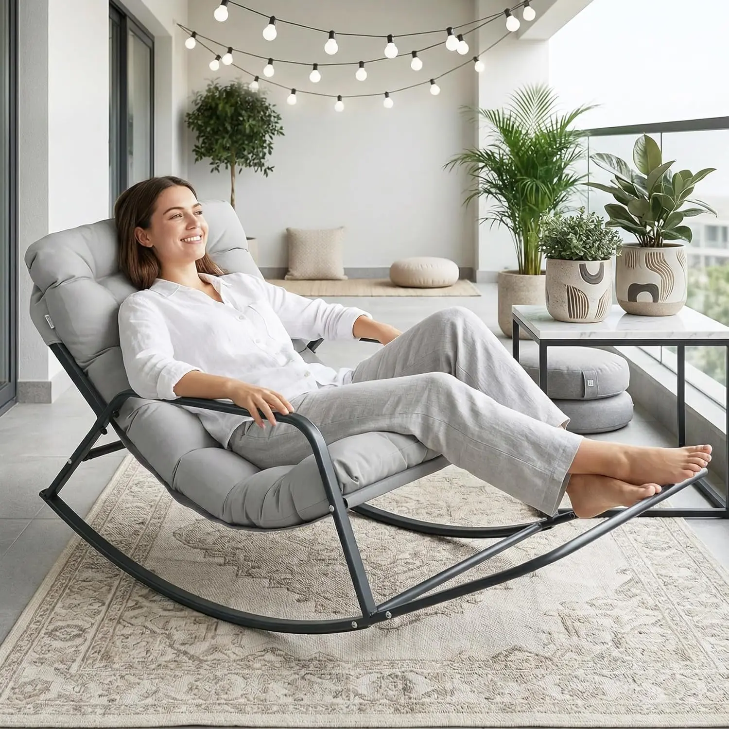 

Oversized Rocking Chair with Footrest Cushion Heavy Duty Steel Frame 450 Lbs Outdoor Indoor Porch Garden Grey Customized