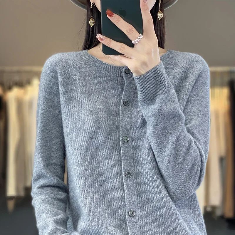 100% lã pura cardigan primavera e outono novo suéter de caxemira feminino o-pescoço cardigan quente malha camisa de fundo