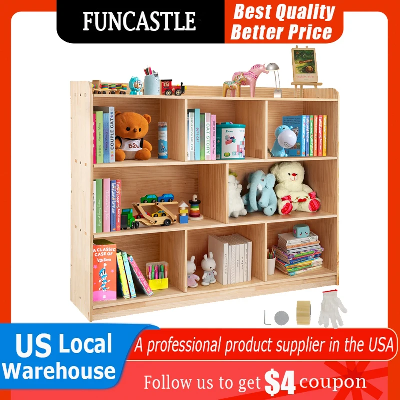 

4-Tier Bookshelf Wood Bookcase Toy Storage Organizer Cabinet for Living Room Bedroom 8 Cube Minimalist Storage Shelf with Wheels