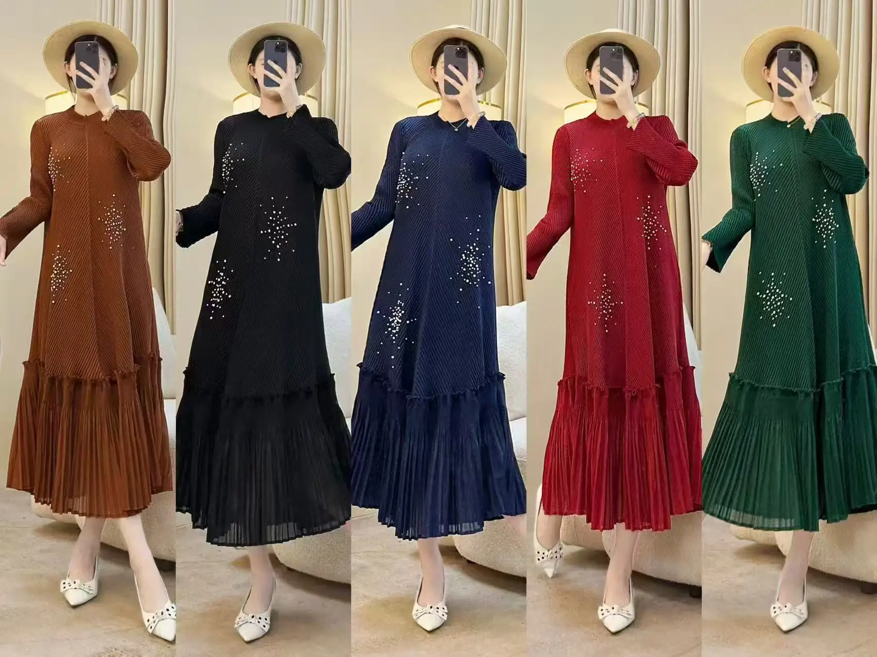 ミヤケ 蓮の葉ドレス ペンデュラムプレート フラワースリーブ 立体花飾り プリーツ Aライン ビーズデザイン ロングドレス