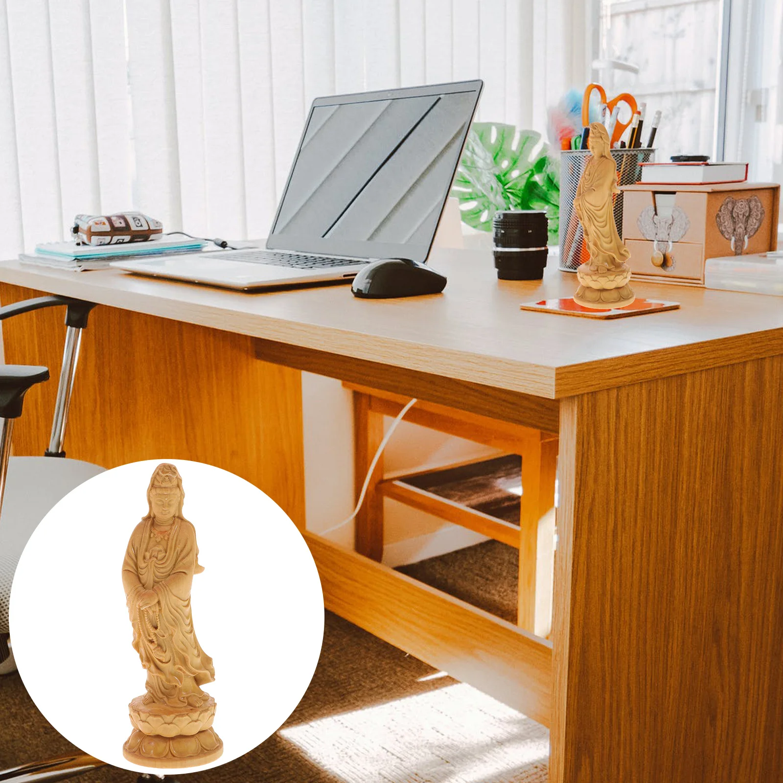 Figure Statue Ornament Buddha Decor for Home Wooden Delicate Desktop Carving Quan Yin Sacrificing Boxwood