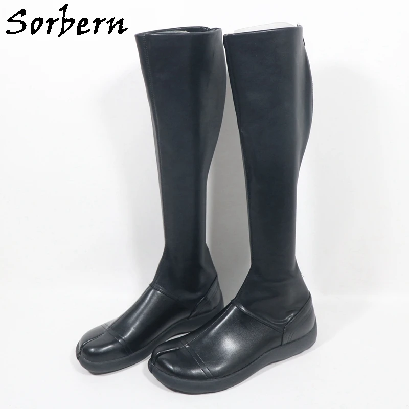 Sorbern Black Matte Knee High Boots For Women Flip Flop Flat Unisex Style Round Toes Custom Slim or Wide Calf