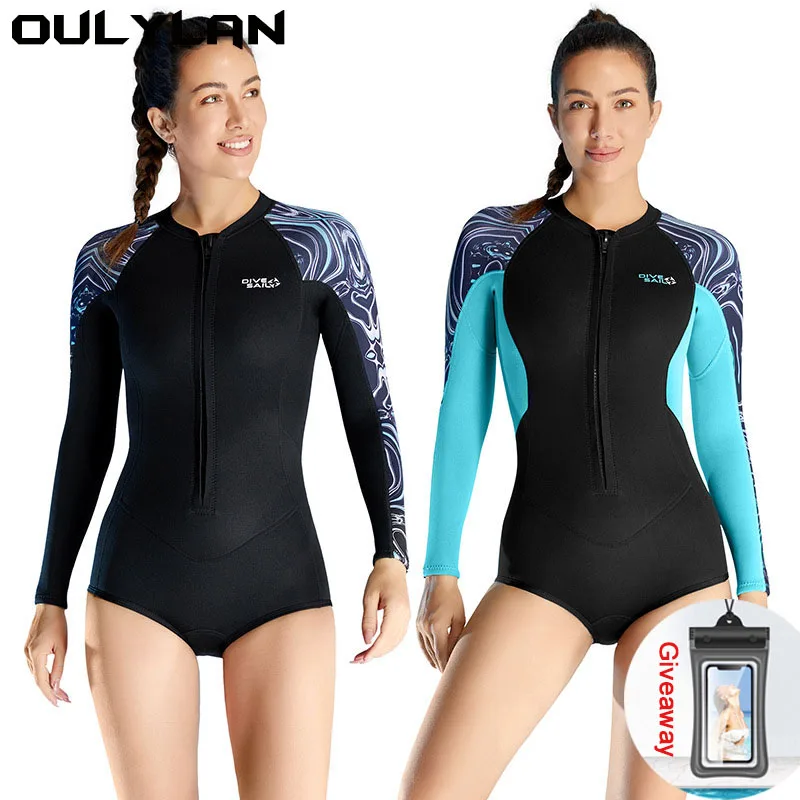 

Oulylan Snorkeling Suit 2MM Diving Suit Cold Resistant Surfing Swimming Diving Suit Women's Jumpsuit Long Sleeved Shorts