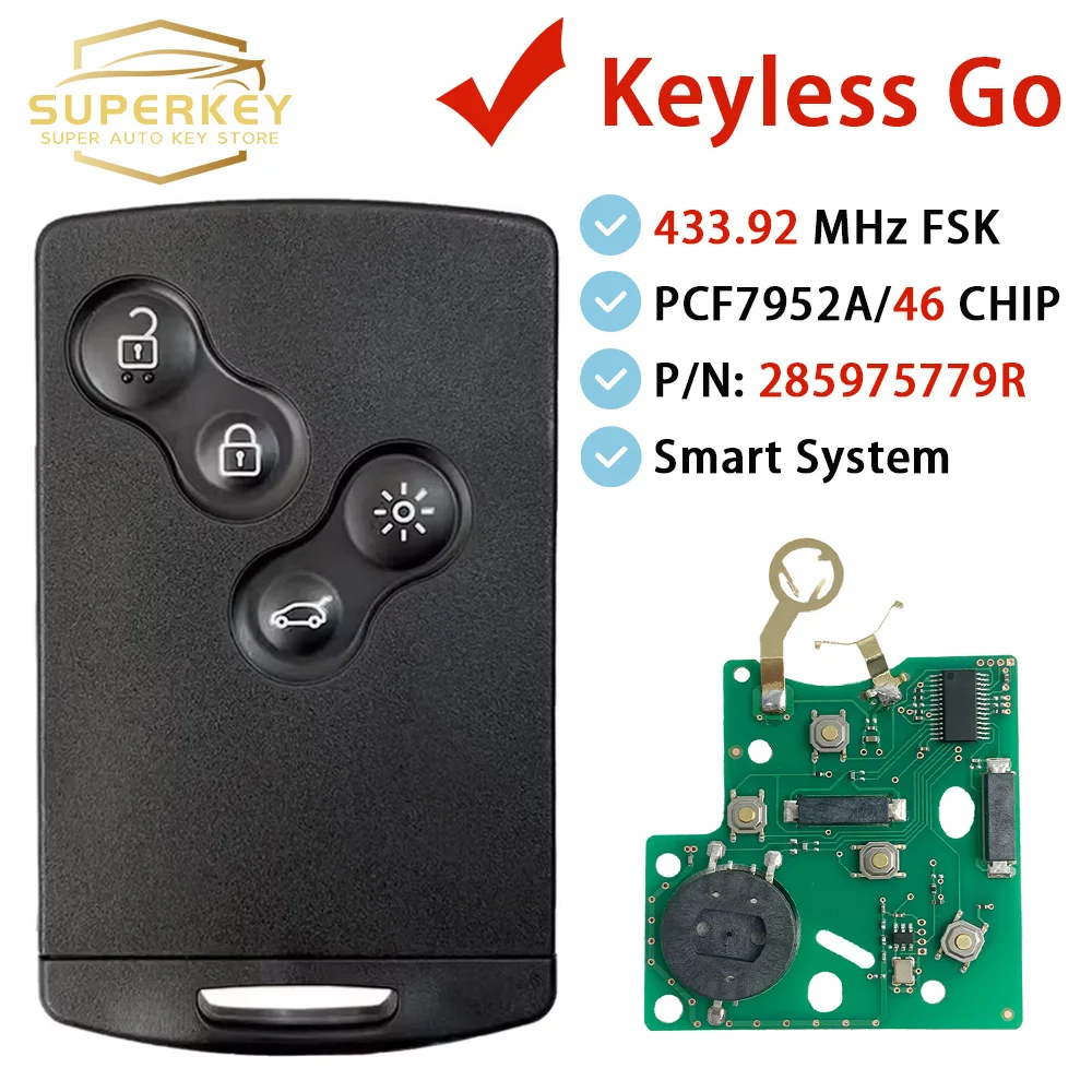 SUPERKEY Smart Card Car Key Hands Free Keyless 433MHz PCF7952A 46Chip For Renault Megane III Fluence Laguna III Scenic 2009-2015