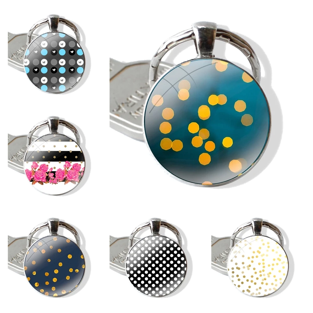 gold black white Polka Dots design 25mm Glass Cabohcon Keychain Key Rings for Women Men Jewelry Gift