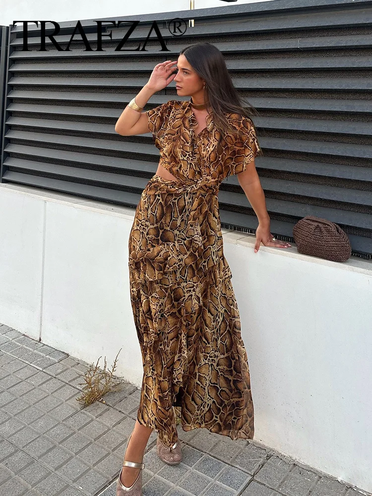 TRAFZA 2024 Female Vintage Dress Leopard V-Neck Short Sleeves Waist Hollow Out Tierred Decorate Zipper Long Dress Woman Trendy