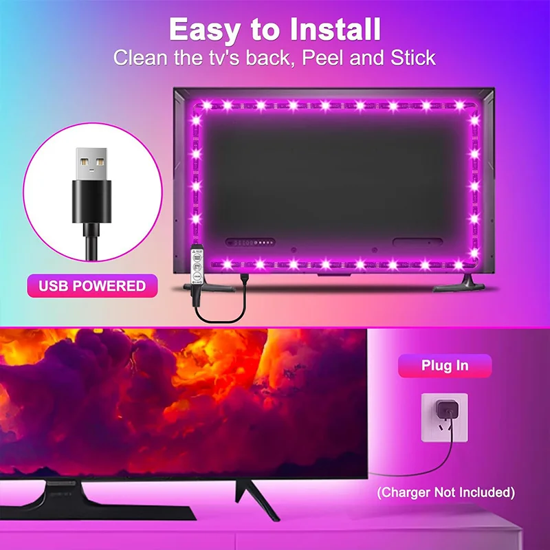 TV Backlight Bedroom Decor LED Strip Lights, 12LEDs/m Flexible RGB Ribbon Lights with 3Key Remote, Self-Adhesive Color Changing