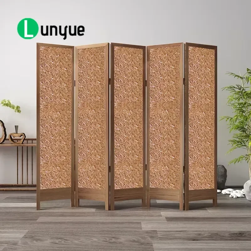 Bamboo Folding Screen Room Divider Solid Wood Frame Fabric Partition Movable Chinese Style Privacy Separator for Living Room