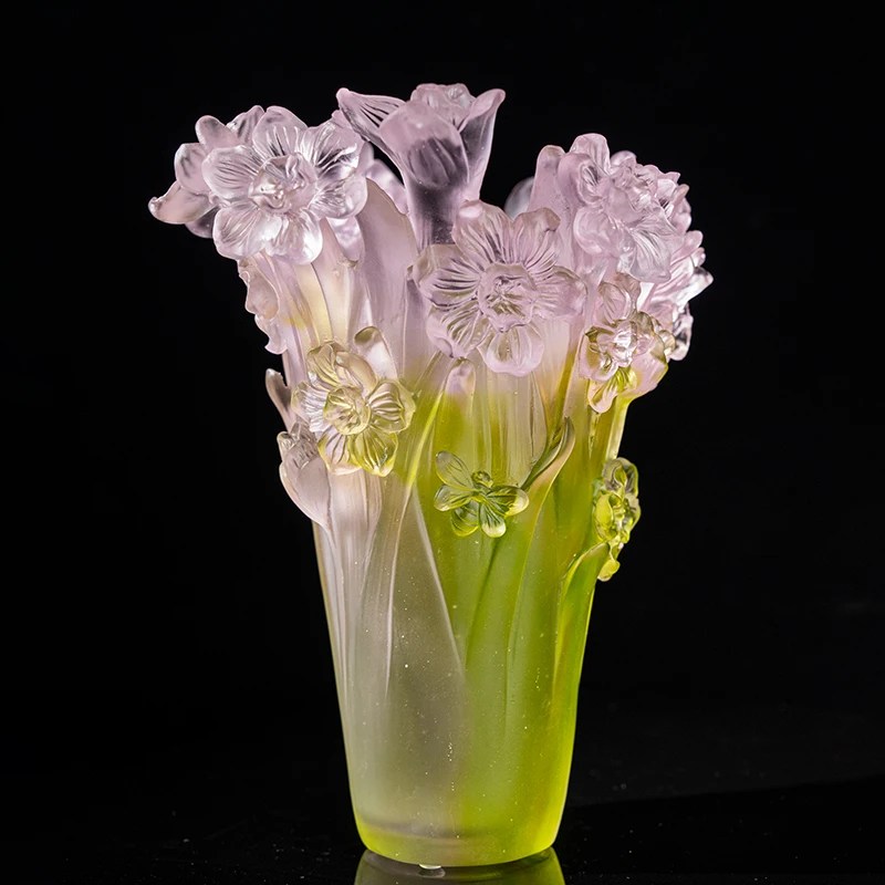 %W# Beautiful Colorful Floral Theme Crystal Vase Glass Art Sculpture Decoration Irregular Vase