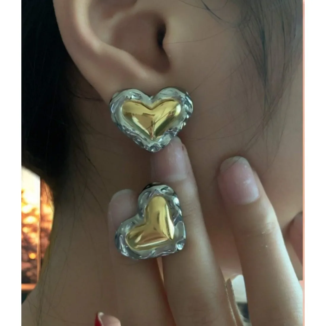 

YHTOT Fashion Heart Shaped Earrings 18K Gold Color Plated Stainless Steel Double Color Love Earrings for Women Party Gifts