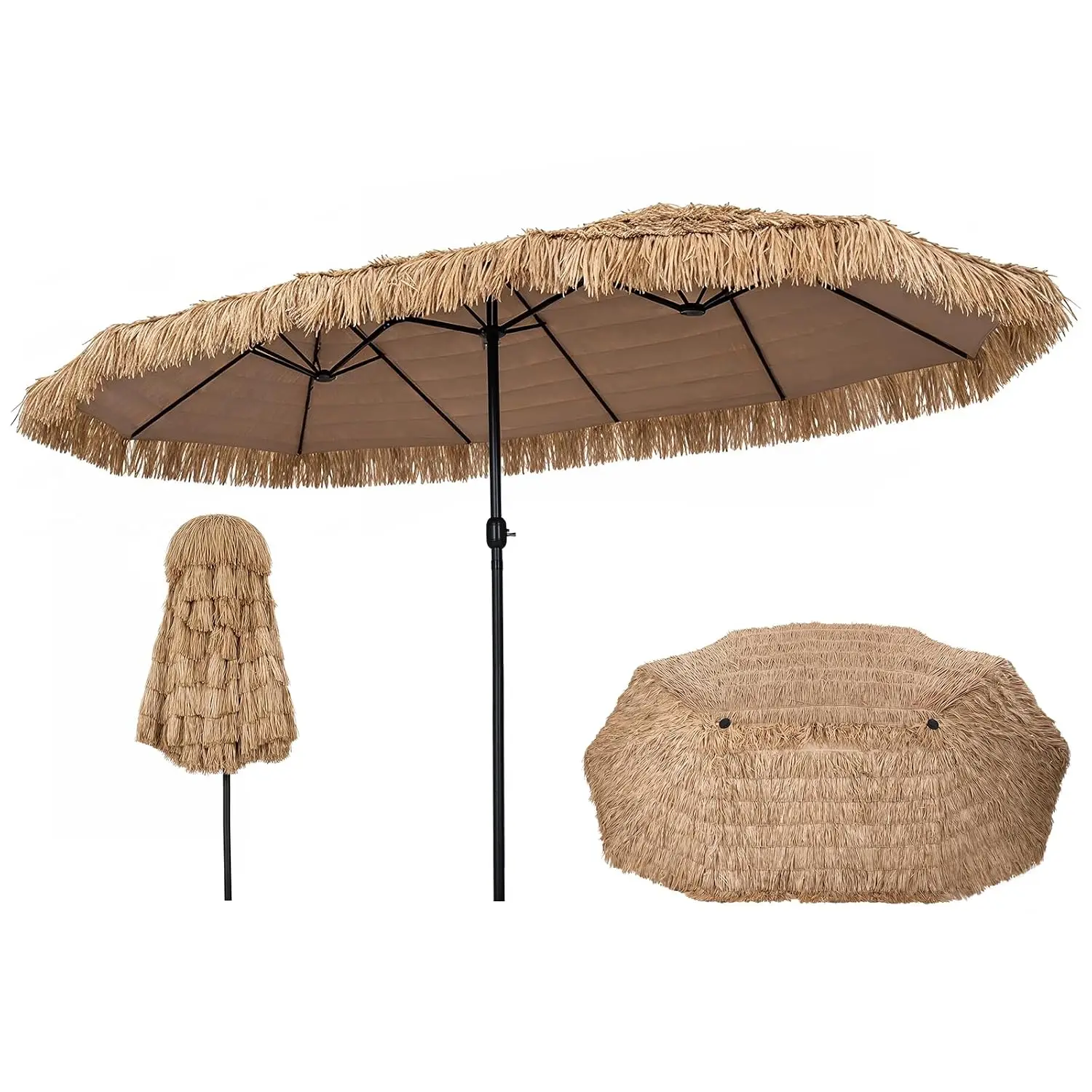 15 FT Tiki Patio Umbrella, Hawaiian Style Thatched Market Table Umbrella with PE Grass, Crank Handle, 12 Heavy-Duty, Customized