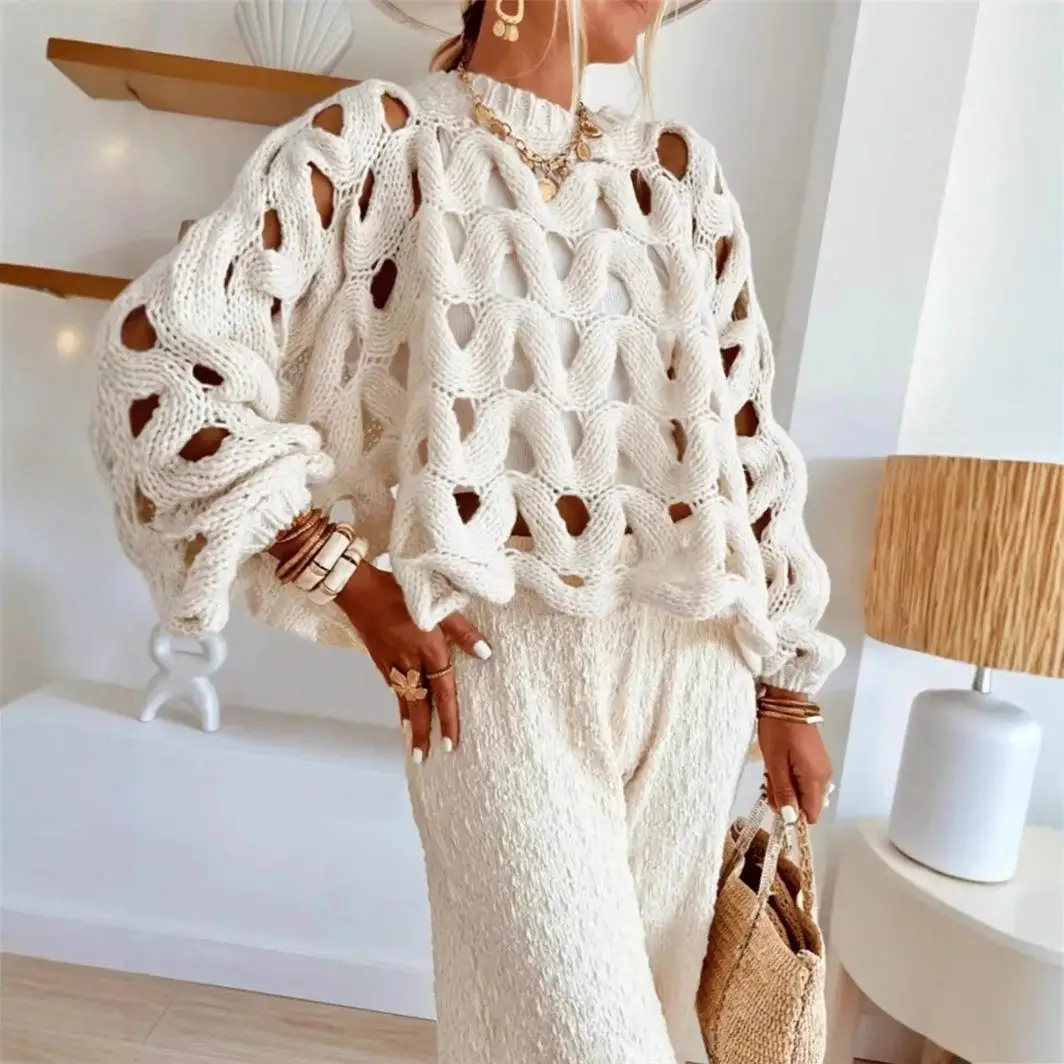 

Ladies Casual Color Beach Vaion Long Sve Knitted Sweater Overhead Soft Medium Thin Loose Fit mid Year