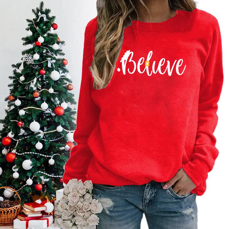 Christmas Believe Print Sweatshirts For Women Round Neck Pullovers Fashion Graphic Long Sleeves Casual Christmas Sweatshirt