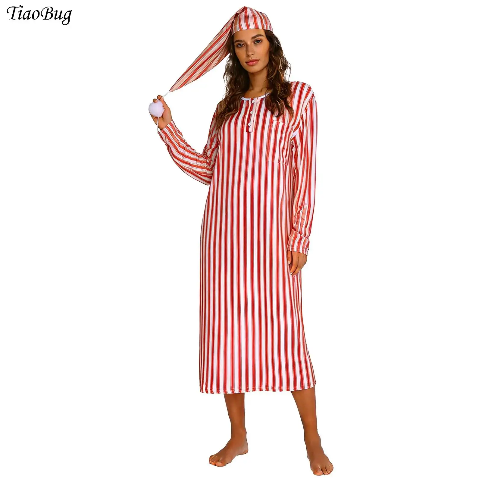 

Women Christmas Striped Nightgown with Sleeping Hat Pajamas Set Soft Loose Sleep Robe Sleeve Nightshirt Halloween Dress Up