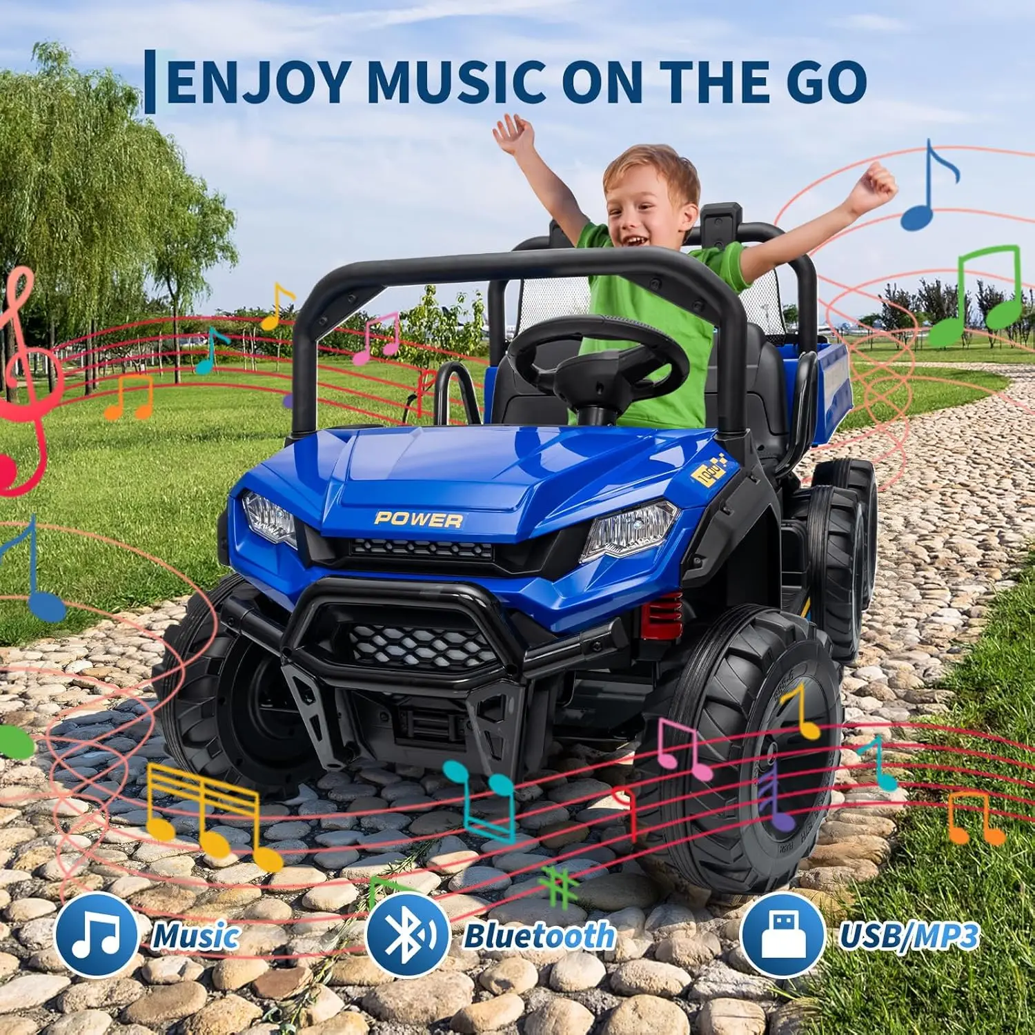 24V 4WD 2 Seater Kids Ride On Dump Truck with Remote Control, 3 Speed Adjustable, Functional Dump Bed & Built-in Music, Electric Ride On Vehicle Toy Gift for Boys Girls