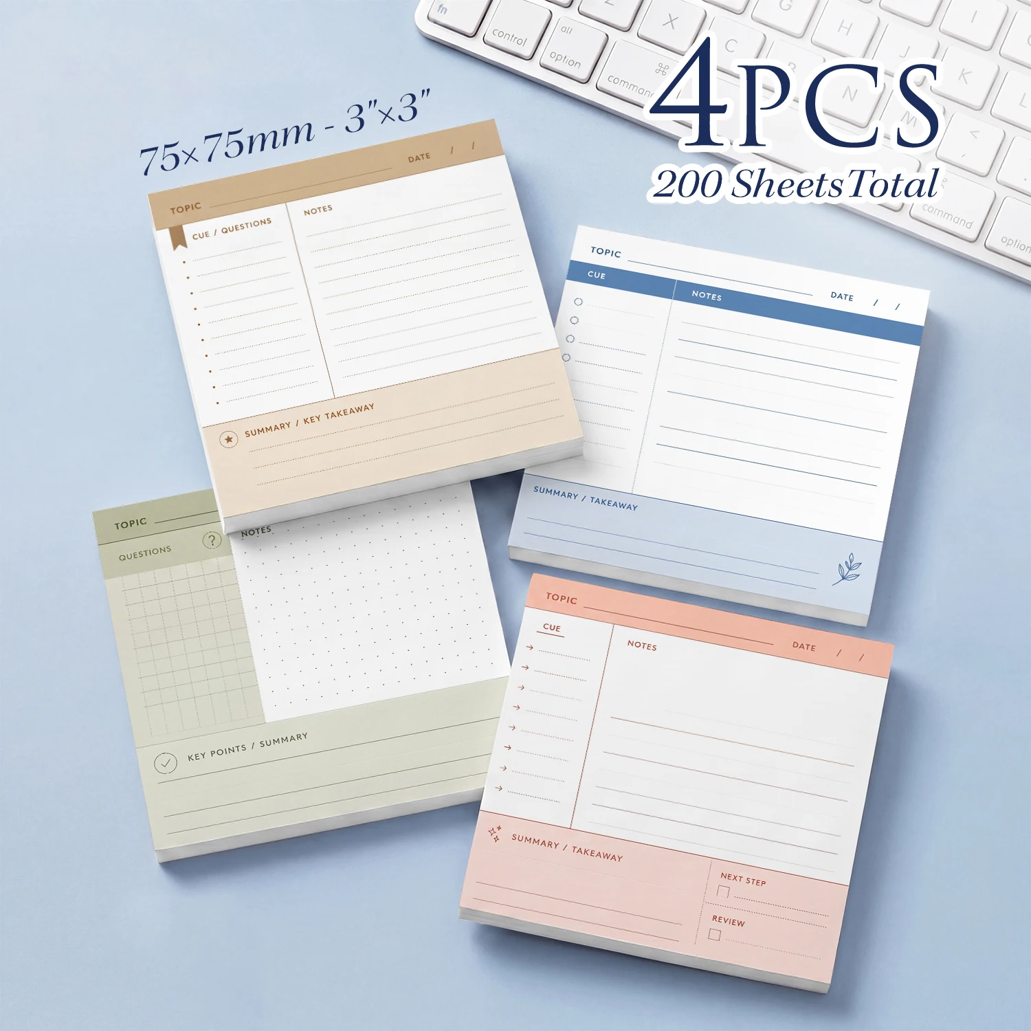 4PCS Cornell Notes Self Adhesive Sticky Notes 200 Sheets Study Planner Summary Cue Note Taking Memo Pads Office Stationery