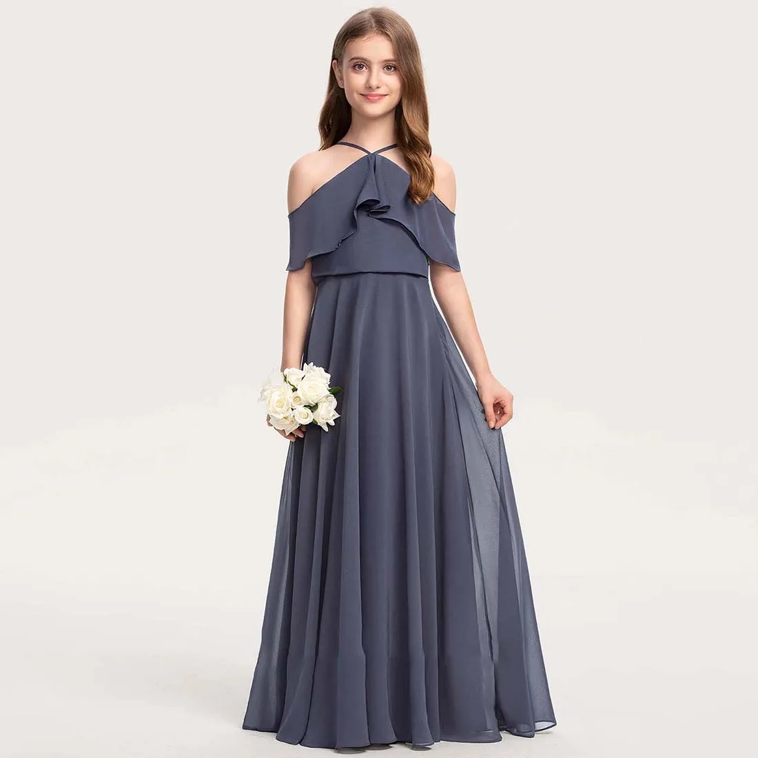 YZYmanualroom Chiffon Junior Bridesmaid Dress With Cascading Ruffles A-line Cold Shoulder Halter Floor-Length 2-15T