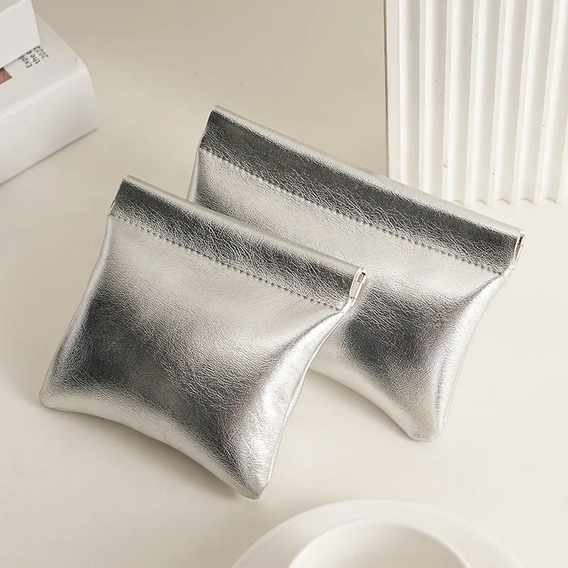 Automatic Closing Coin Money Bags Mini Silver Earphone Data Cable Charger Card  Key Organizer Storage Bag for Women Men