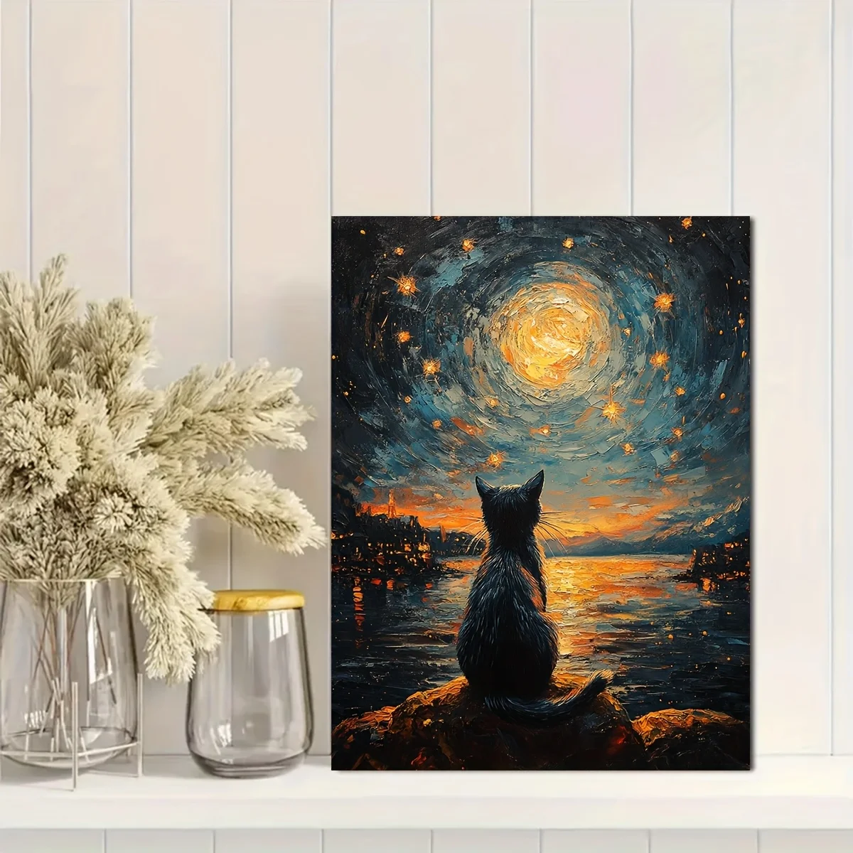 

Paint By Numbers For Adult Kit Van Gogh 'Starry Night' Inspired Cat DIY Acrylic Oil Painting Canvas By Number Home Decor