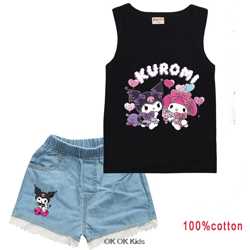 Lovely Kuromi Melody Clothes Kids Summer Casual Outfits Toddler Girls T-shirt Vest +Denim Shorts 2pcs Set Children Clothing Gift