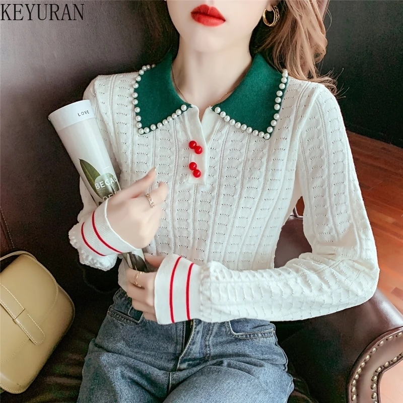 2024 Spring Summer Pearls Beading Hollow Jacquard Thin Knitted Pullover Sweater Women\'s Turn-down Collar Ins T-shirts Jumpers