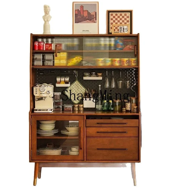 

FG medieval style simple living room tea cabinet retro solid wood dining side cabinet integrated wall rack