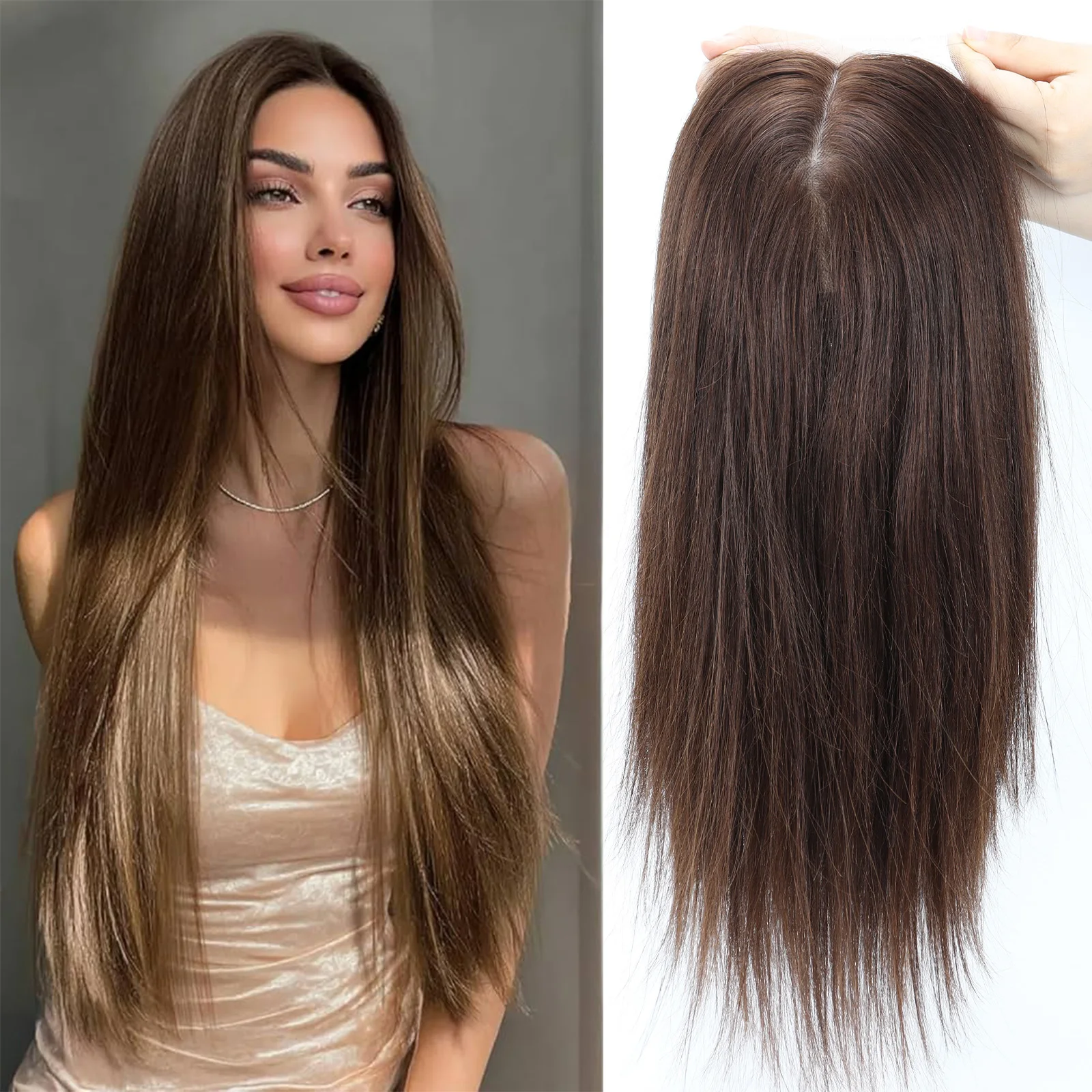 

Прямой многослойный парик из натурального шелка с дышащей швейцарской кружевной основой на застежках для женщин, 100% натуральные человеческие волосы, средний коричневый цвет.