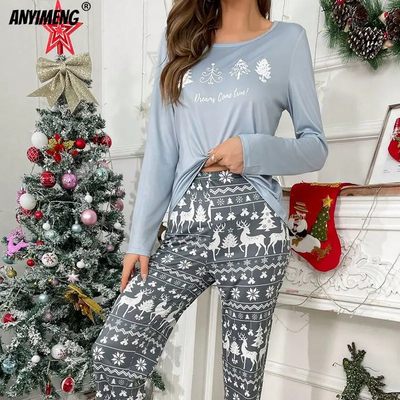 Christmas Trees Printing Women Pajamas Set Milk Silk Long Sleeves Pullover Sleepwear Lady Leisure Lougewear Fashion Homeclothes