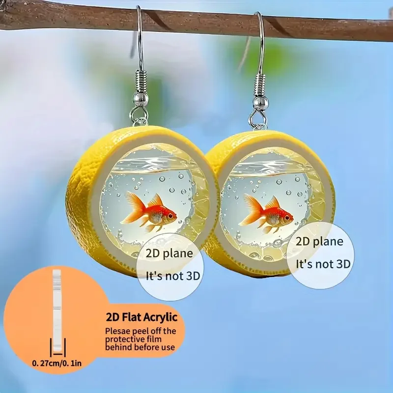 Orecchini estivi unici in acrilico piatto 2D con barattolo di pesce rosso e limone, accessori creativi semplici per gioielli di moda, regalo per gli amici
