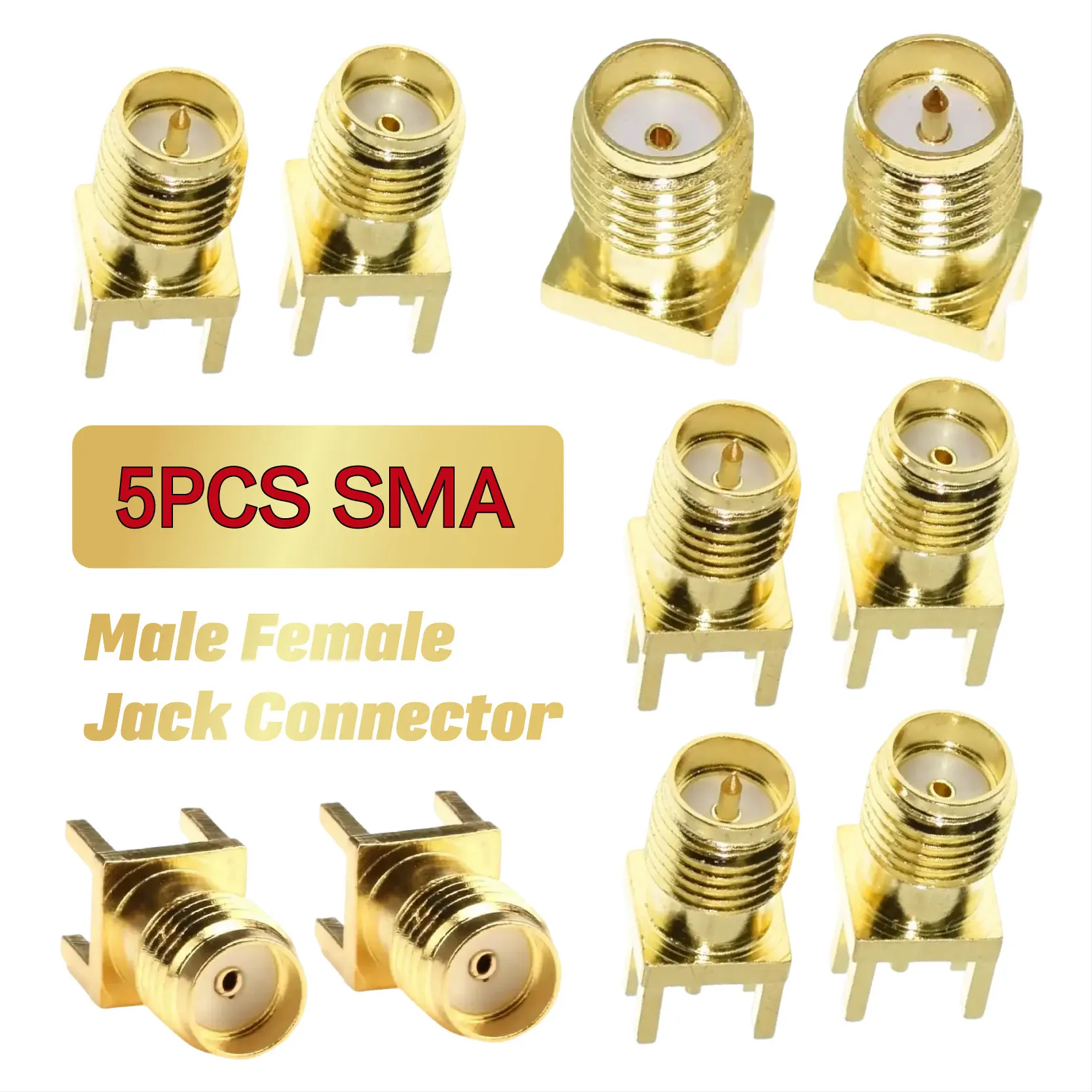 1.6mm Nut Edge Clip Straight Mount Gold Plated RF Connectors Receptacle Solder 5Pcs SMA Female / Male Jack Solder