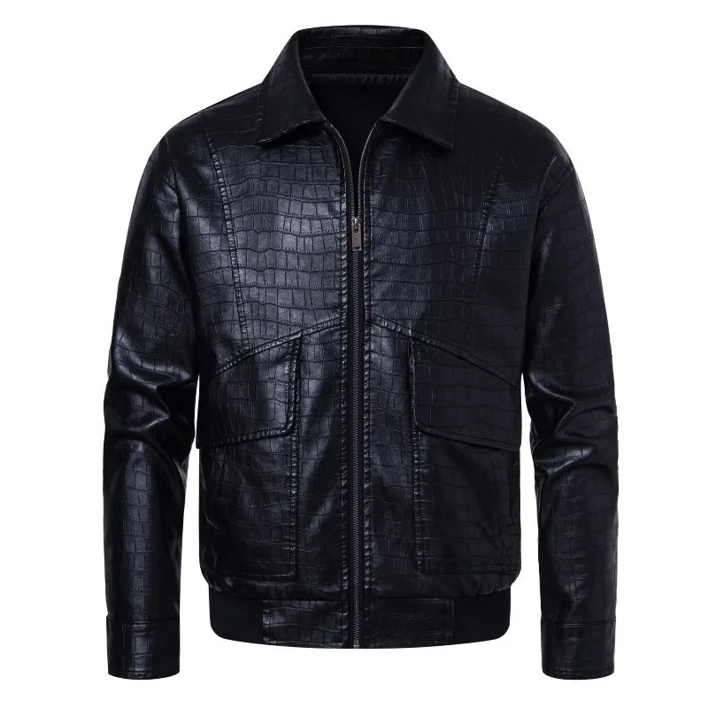 2026 New Men's Crocodile‑Embossed PU Leather Jacket European American Fashion Collar Zipper Loose Motorcycle Jacket Streetwear