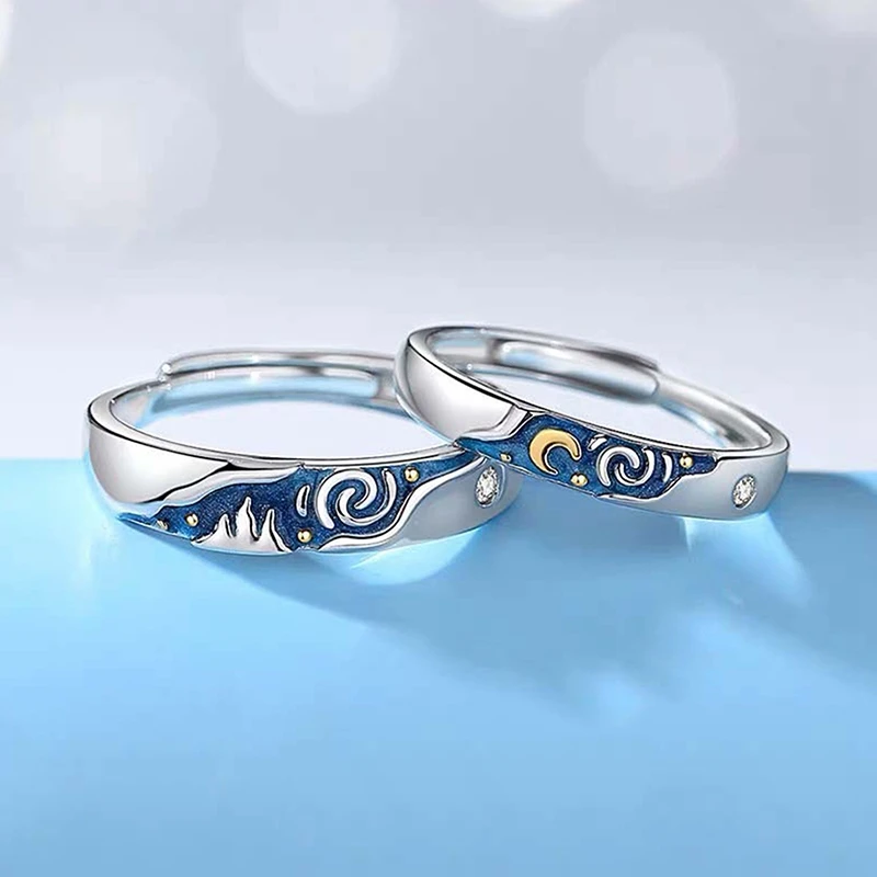 2 PCS/Set Couple Rings For Women Sun Moon Dolphin Wings Electrocardiogram Cross Matching Jewelry Finger Open Ring