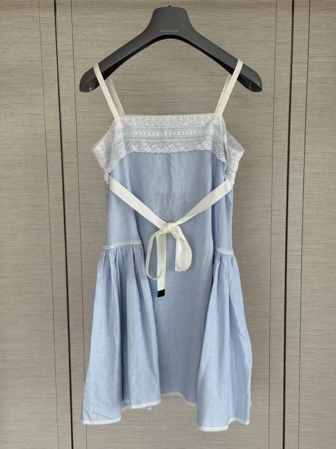 New Elegant Light Mist Blue Linen Lace Strap Skirt Square Neck Multi Layer Hollow Lace Holiday A-line Dress for Women