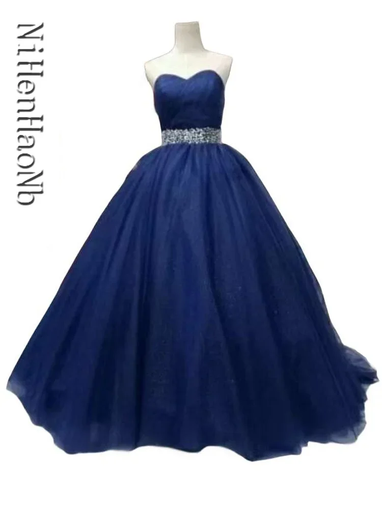 Navy Blue Sweetheart Quinceanera Dresses 15 Years Glitter Tulle Beading Sash Sweet 16 Debutante Birthday Party Gowns