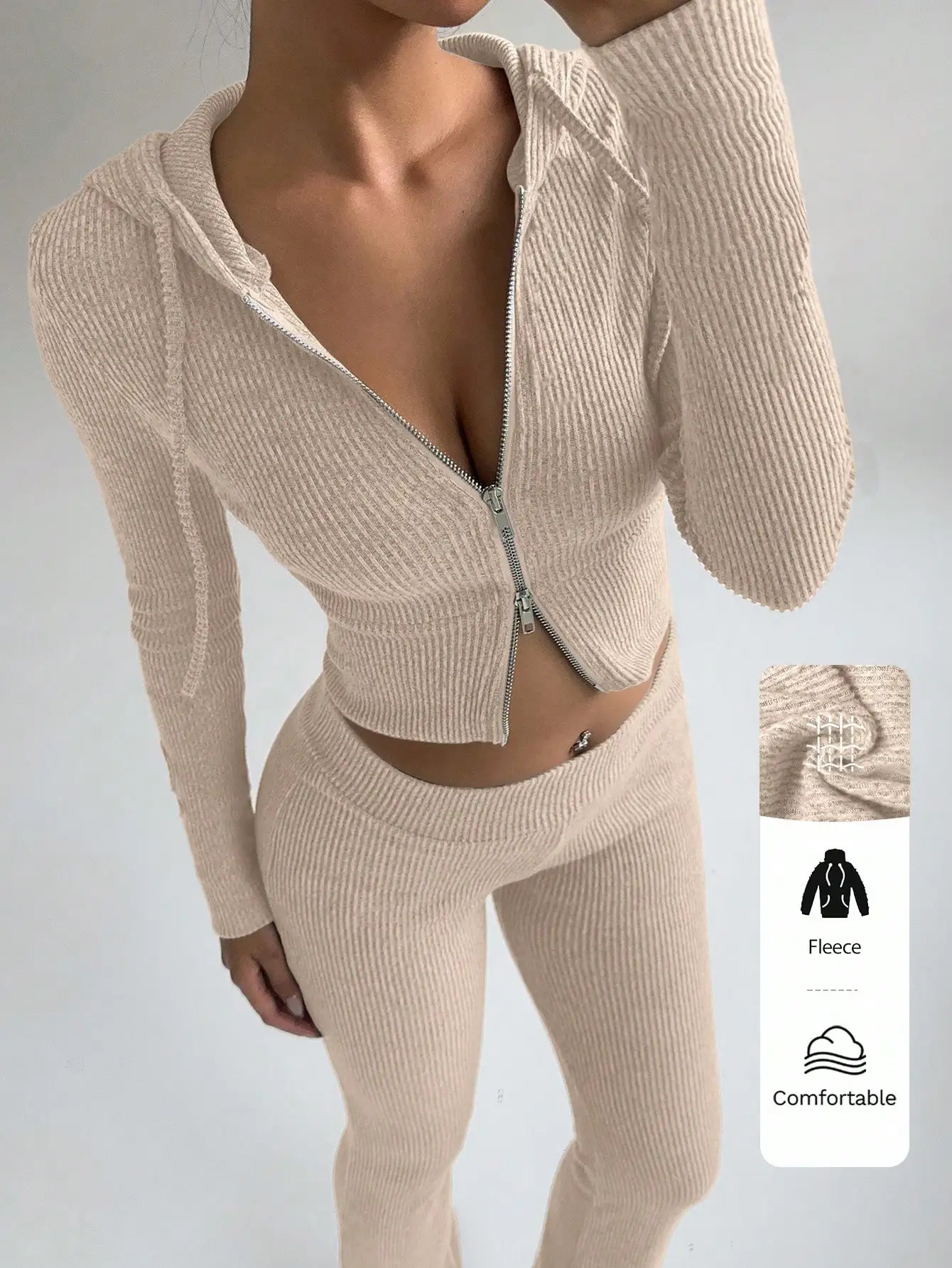 Beige Ribbed Knit Zip-Front Cropped Hoodie & Flared Pants Set