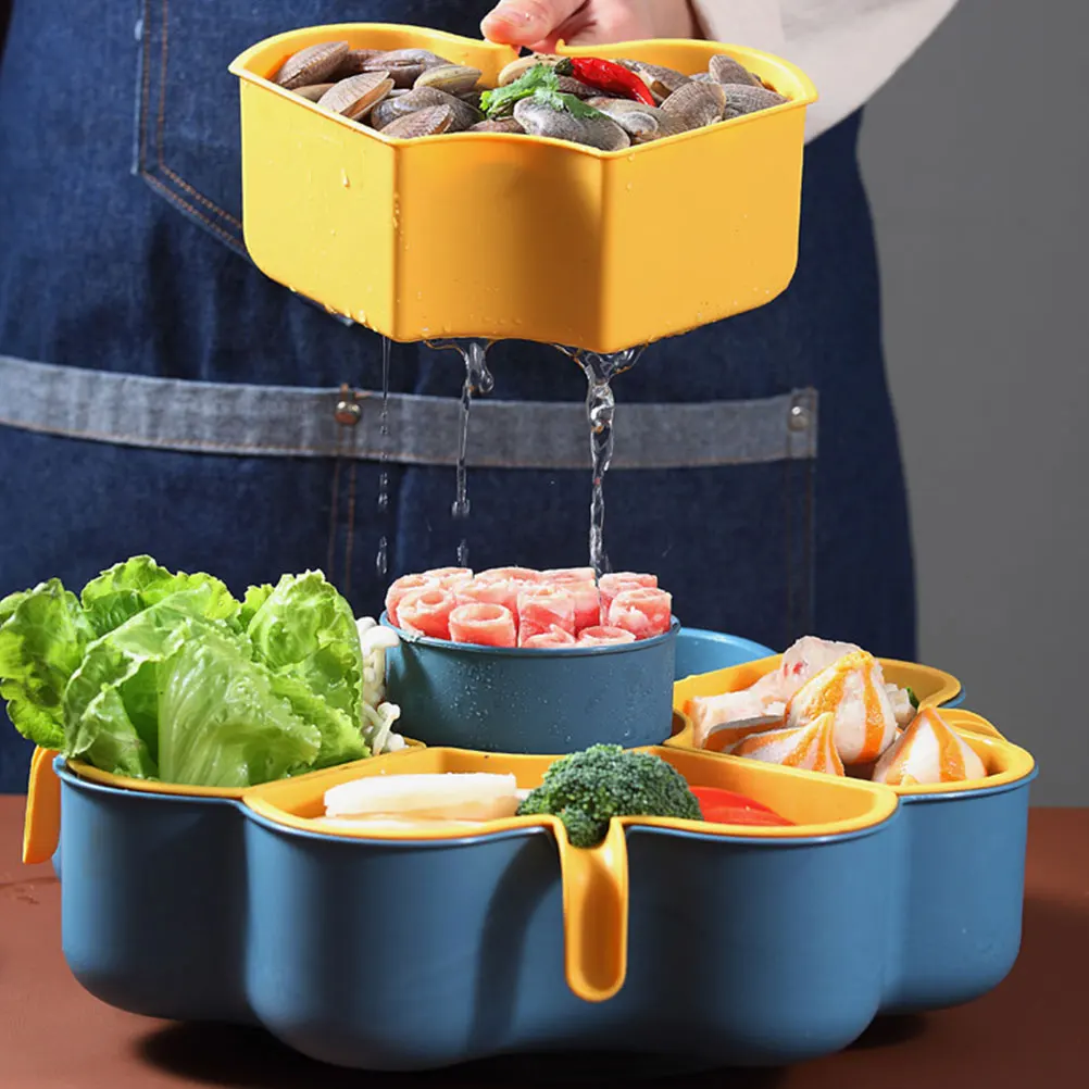 

1pc Rotating Vegetable Tray Yellow Multi-Grid Design Hot Pot For Kitchen Home Picnic Drain Water Basket Fruit Washing Basket