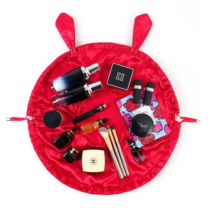 1PCS Cosmetic Bag Round Velvet Soft Makeup Bag Drawstring Rabbit Ear Travel Make Up Organizer Female Toiletry Storage for Gift