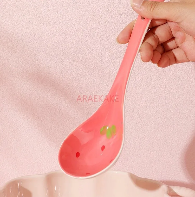 Pink strawberry ceramic spoon underglaze color household soup ladle Congee spoon pink girl heart tableware