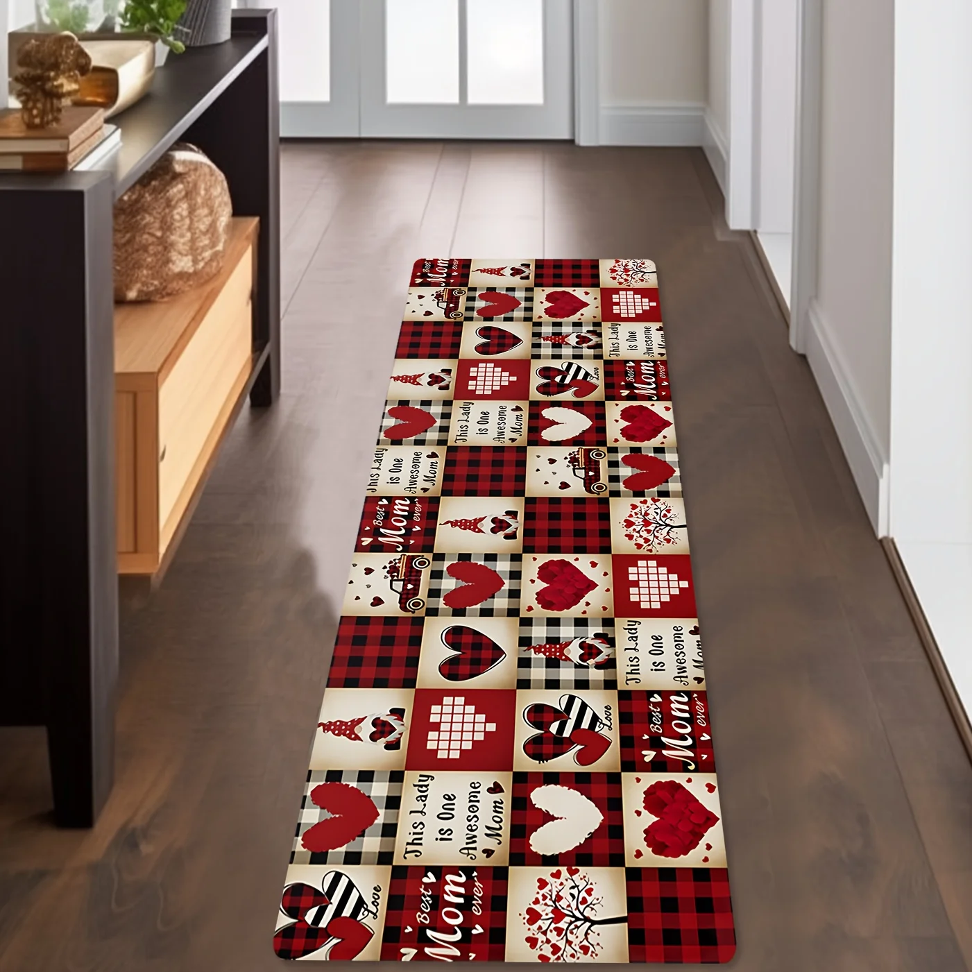 Mother Appreciation Runner Rug Plaid Patchwork Heart Tree Retro Truck Letter Art Printed Long Floor Mat for Warm Family Hallway