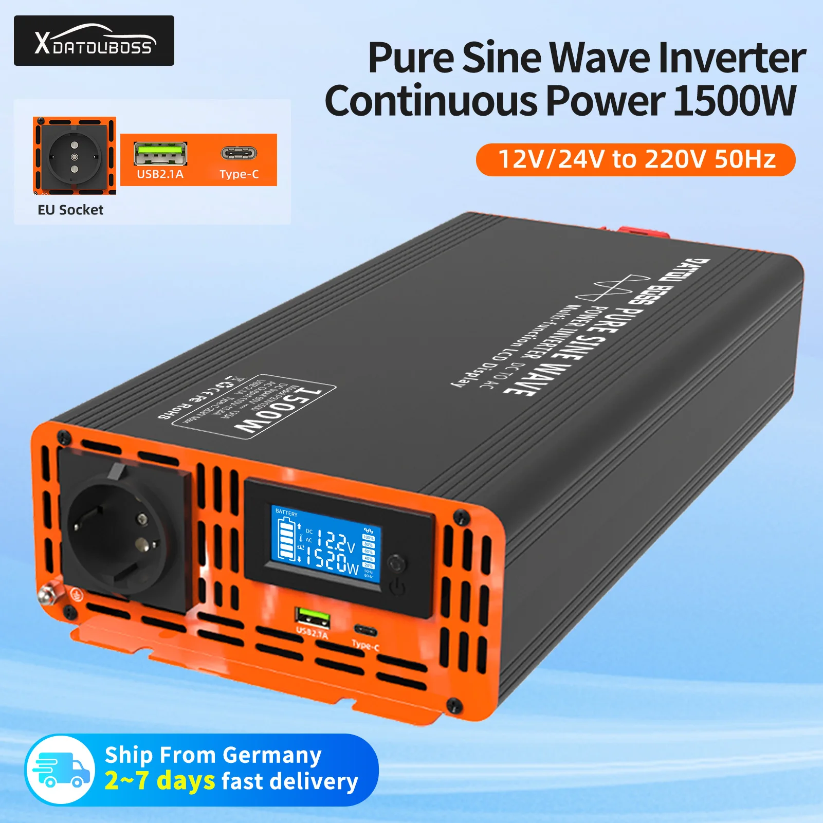 

Datou Boss Pure Sine Wave Inverter 12v 220v 24V 50HZ 1500W DC to AC Voltage Converter Power Supply EU Socket EU Delivery