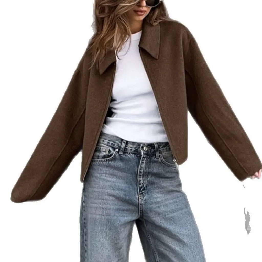 

Women's Lapel Long-Sleeved Zipper Jacket Autumn Winter Fashion Loose Casual European American Style