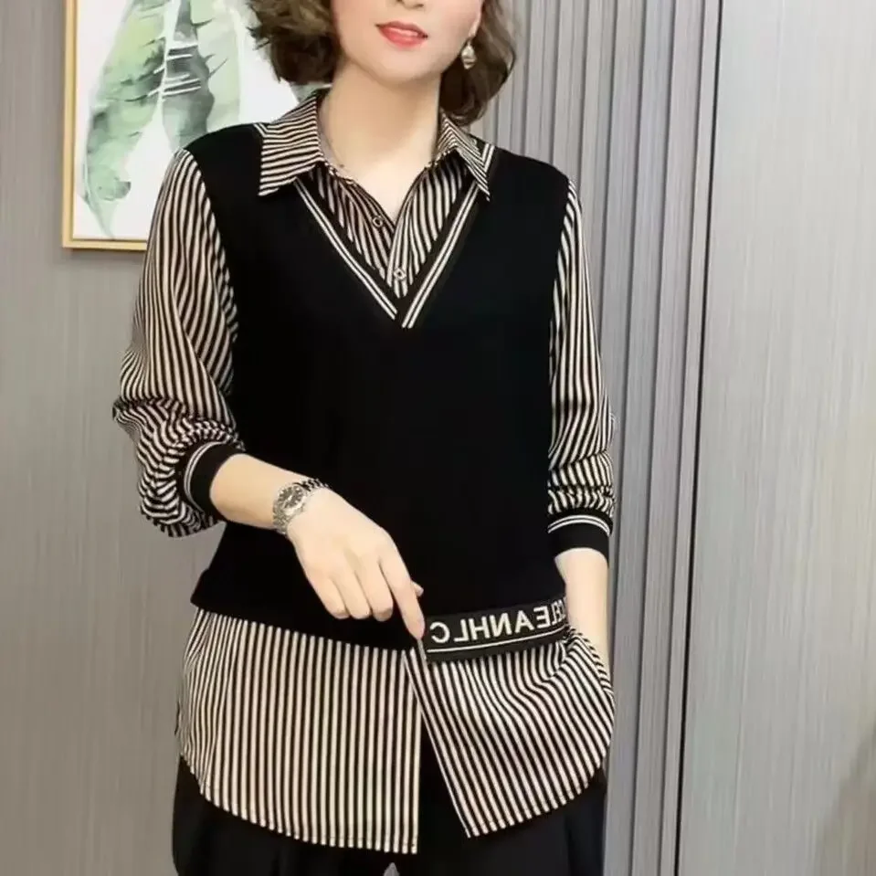 2025 ample maman faux deux pièces chemise haute mode fond polyvalent Chic chemise tempérament nouvelle chemise rayée à manches longues