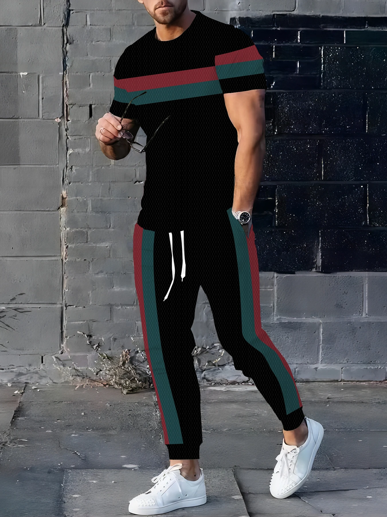 

Striped Printed Men's Casual Autumn 2pcs Set, Black Short-sleeved Top And Long Pants, Daily Autumn Warm Casual Long Pants Set